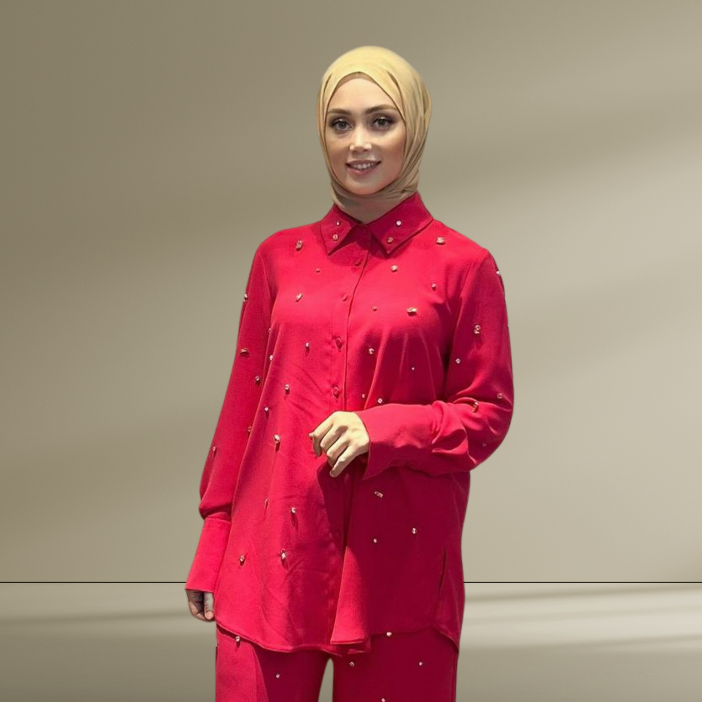 Taş Detaylı Fuşya Gömlek ve Pantolon Takım